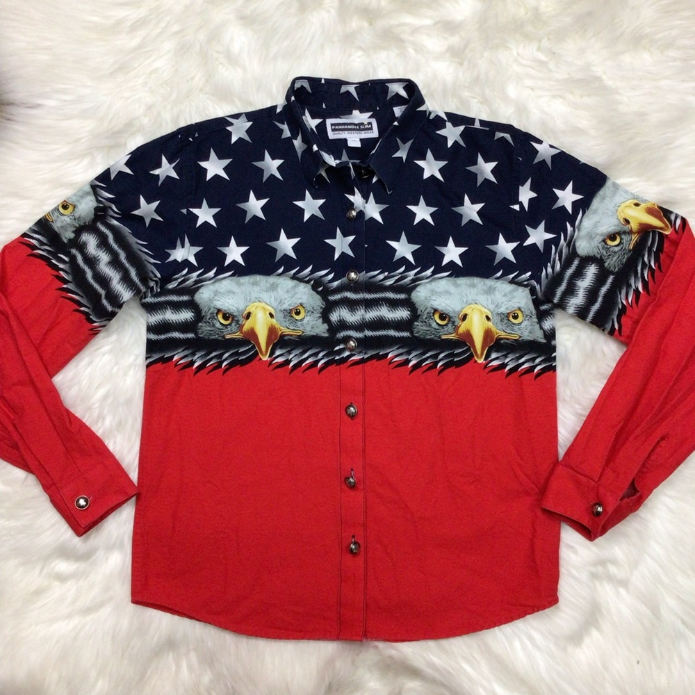 PANHANDLE SLIM Women's American Flag Eagle Star Button Western Style Blouse XS